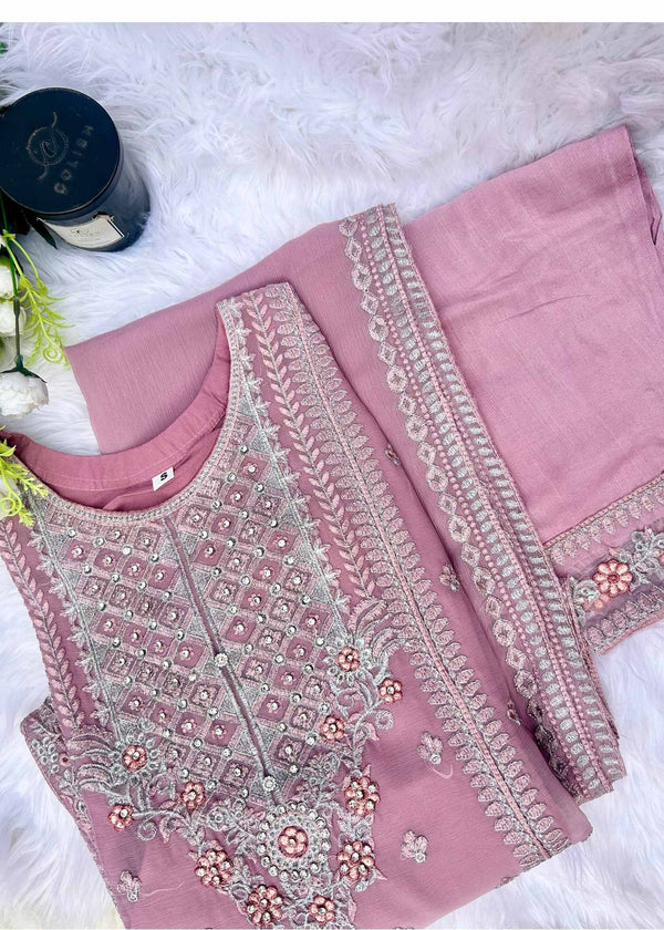 Classic Tea Rose Pink Chiffon Embroidered Kurta – 3 PC