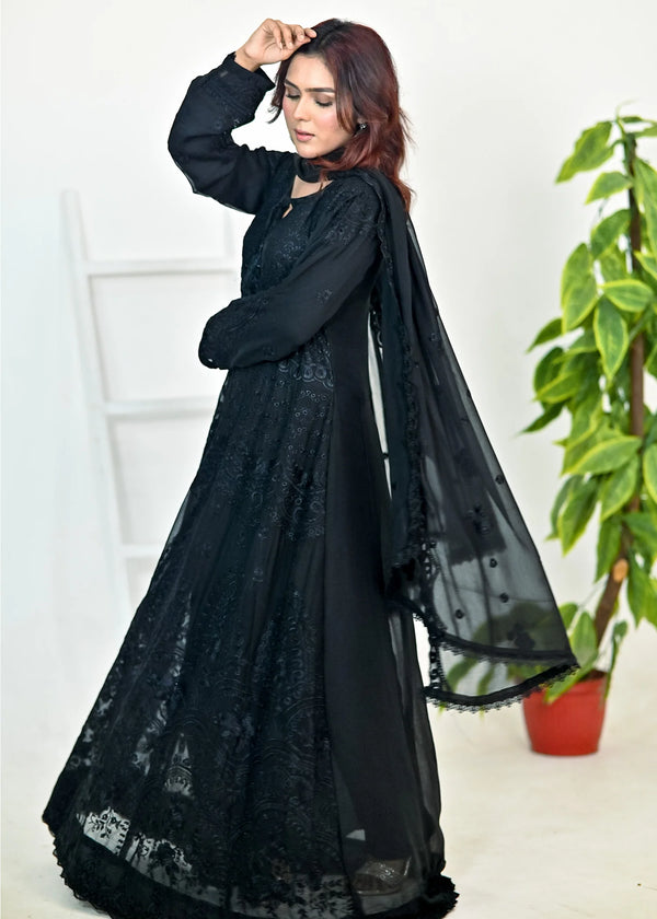 Black Luxury Embroidered Chiffon 3PC Maxi Set