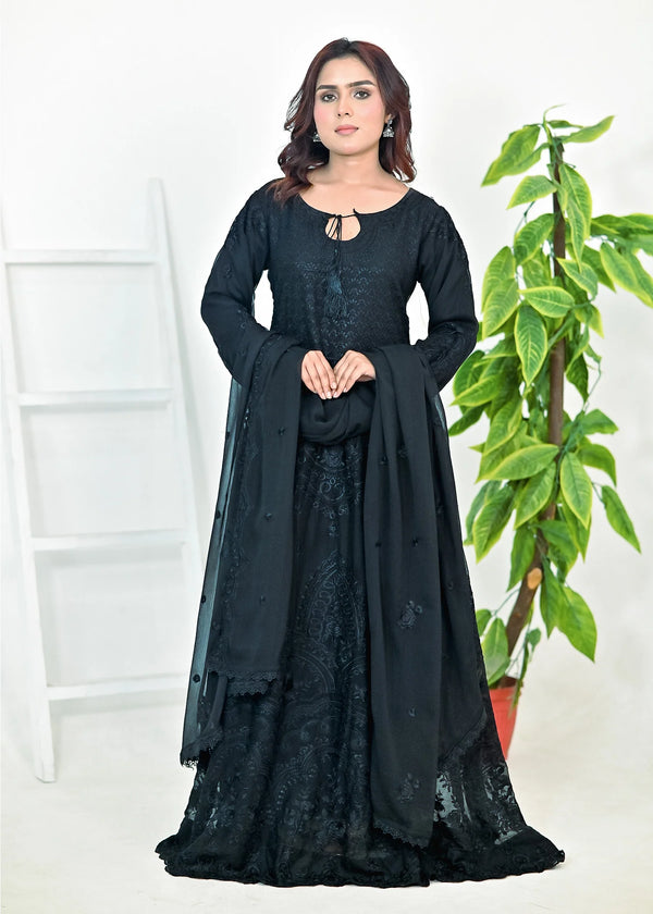 Black Luxury Embroidered Chiffon 3PC Maxi Set