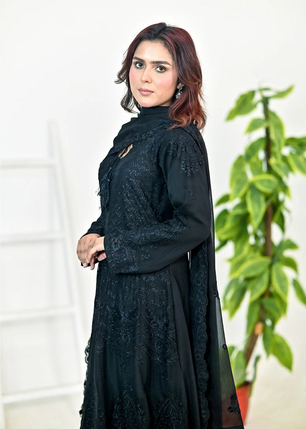 Black Luxury Embroidered Chiffon 3PC Maxi Set