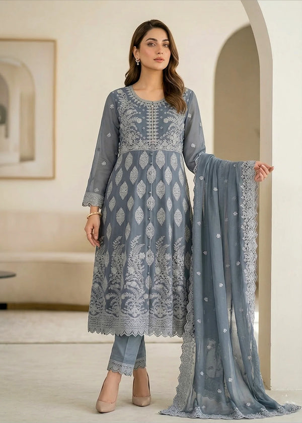 Noor-e-Silver – Light Grey Luxury Embroidered Chiffon 3PC pishwas Set