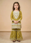 Kids Olive Chiffon Embroidered Gharara