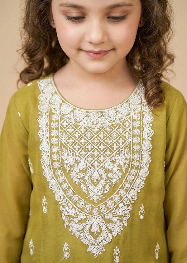 Kids Olive Chiffon Embroidered Gharara