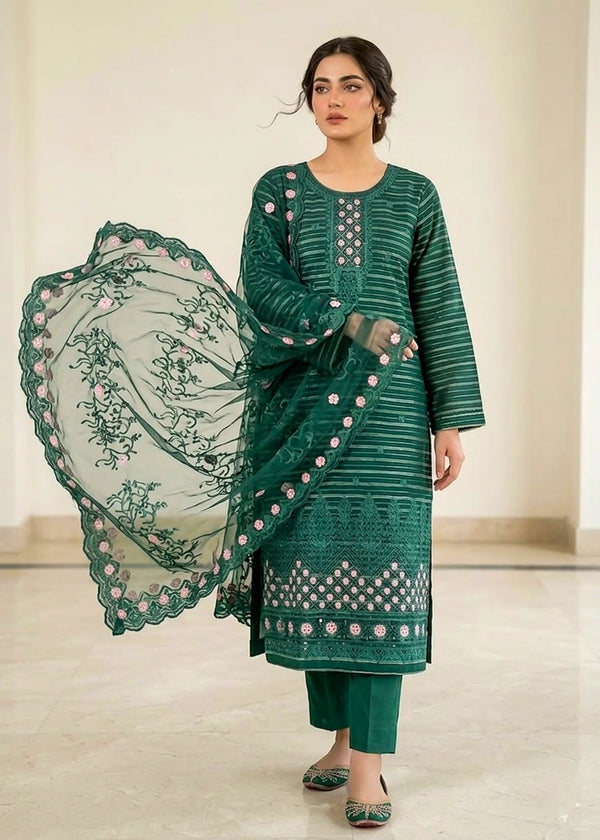 Emerald Grace – Dark Green Premium Embroidered Linen 3PC Suit with Chiffon Dupatta