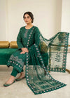 Emerald Grace – Dark Green Premium Embroidered Linen 3PC Suit with Chiffon Dupatta