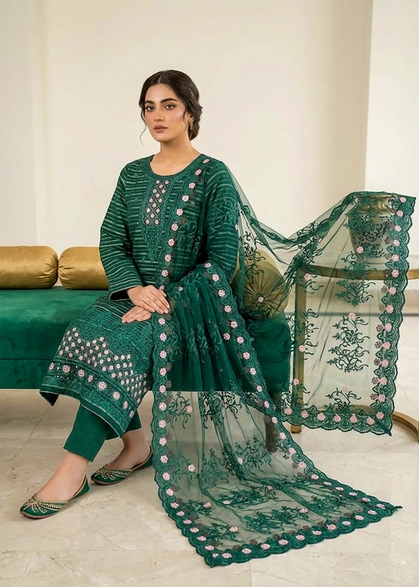 Emerald Grace – Dark Green Premium Embroidered Linen 3PC Suit with Chiffon Dupatta