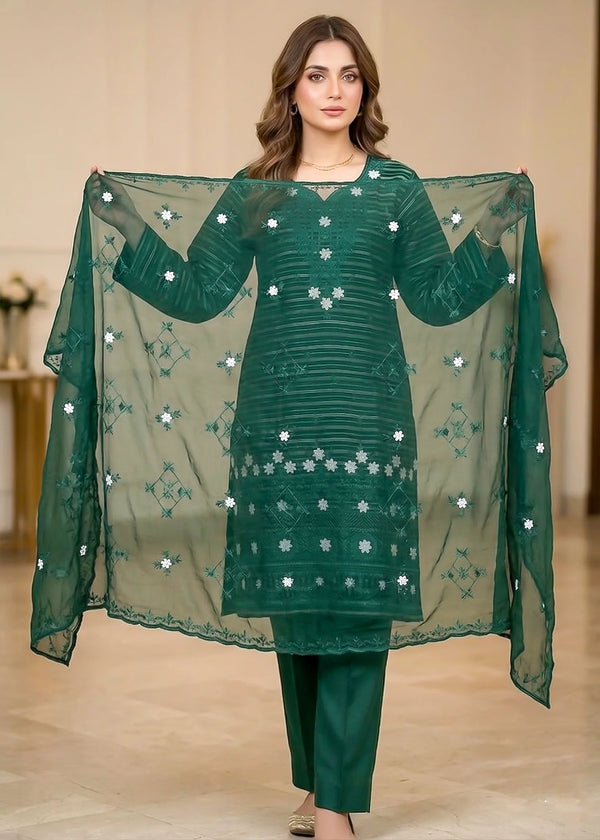 Emerald Muse – Dark Green Premium Embroidered Linen 3PC Suit with Chiffon Dupatta