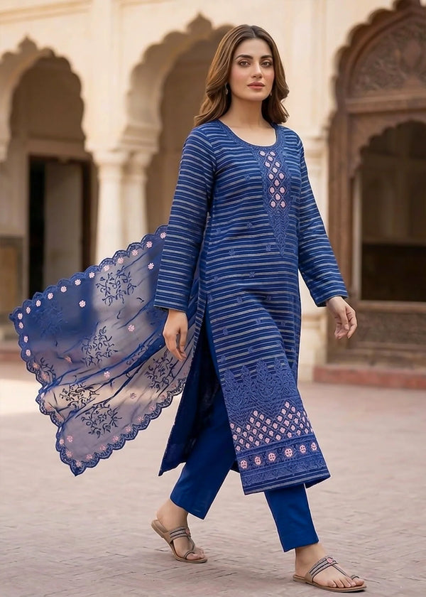 Midnight Muse – Navy Blue Premium Embroidered Linen 3PC Suit with Chiffon Dupatta