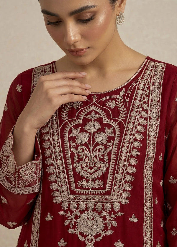 Ruby Muse – Maroon Luxury Embroidered Chiffon 3PC Set with Embroidered Dupatta & Trouser
