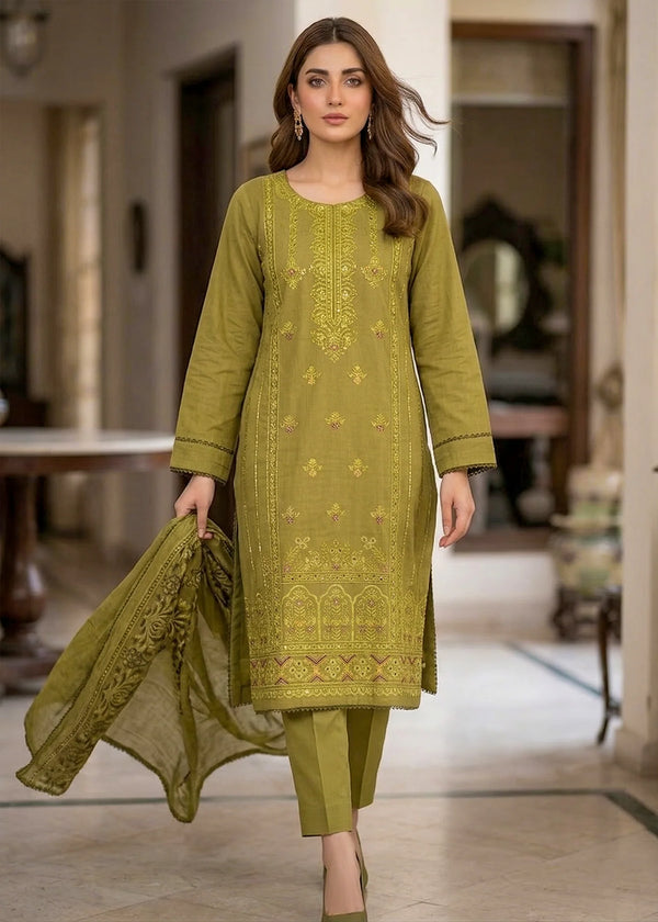 Sage Meadow – Olive Green Premium Embroidered Lawn 3PC Kurta Set