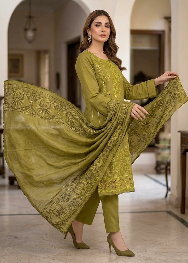 Sage Meadow – Olive Green Premium Embroidered Lawn 3PC Kurta Set