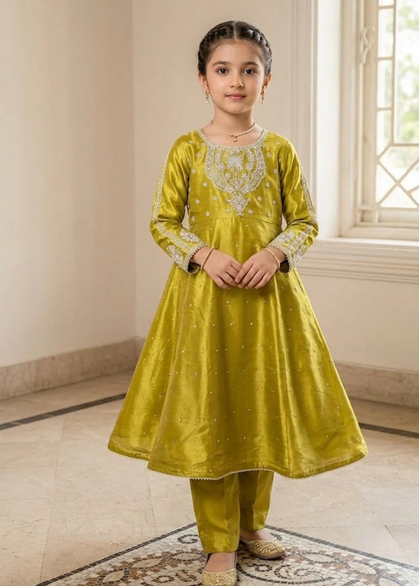 Kids Olive Embroidered Anarkali Frock