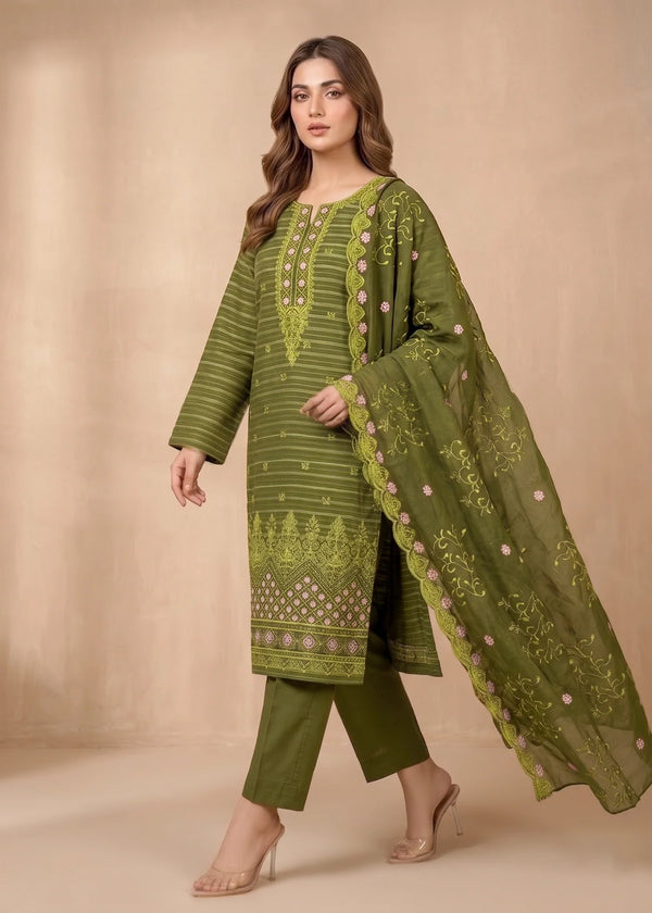 Olive Veil – Olive Premium Embroidered Linen Dress with Chiffon Dupatta