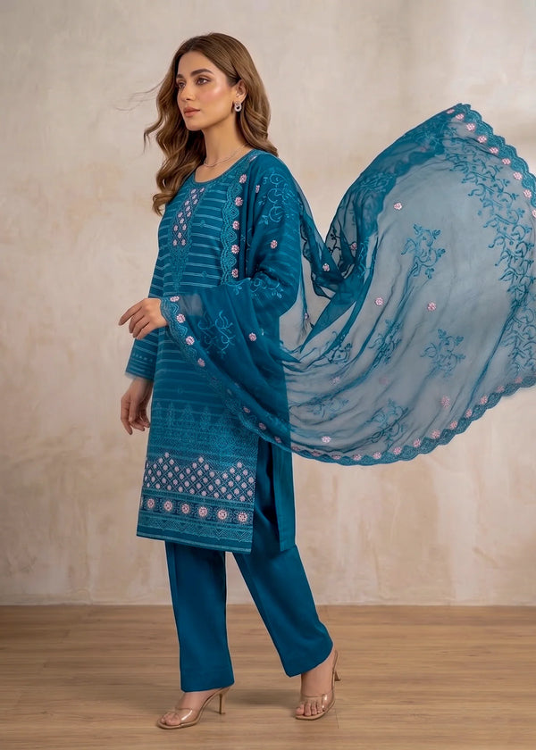 Teal Whisper – Teal Premium Embroidered Linen Dress with Chiffon Dupatta