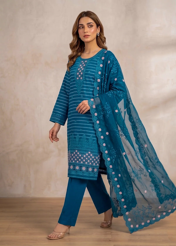 Teal Whisper – Teal Premium Embroidered Linen Dress with Chiffon Dupatta
