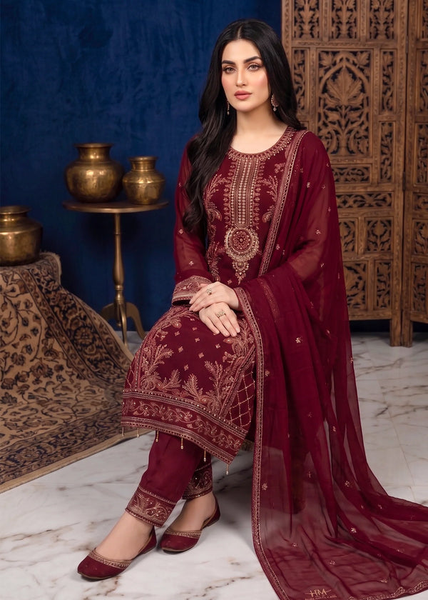 Classic Maroon Chiffon Embroidered Kurta – 3 PC