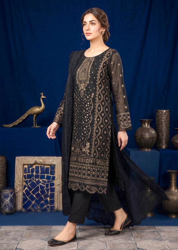 Shaam-e-Noor Black Organza – Embroidered 3 PC