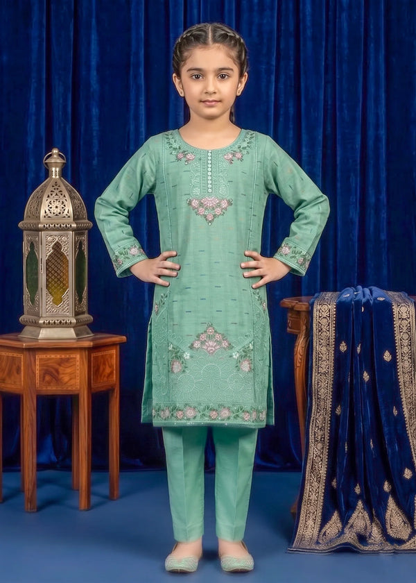 Embroidered Sea Green Cambric Kurta Set for Girls