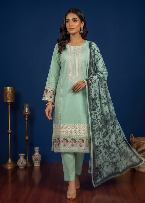 Mint Green Embroidered Lawn Kurta Set with Printed Dupatta
