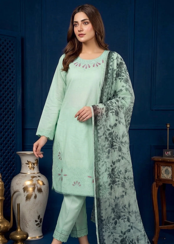 Mint Green Embroidered Lawn Kurta Set with Printed Chiffon Dupatta