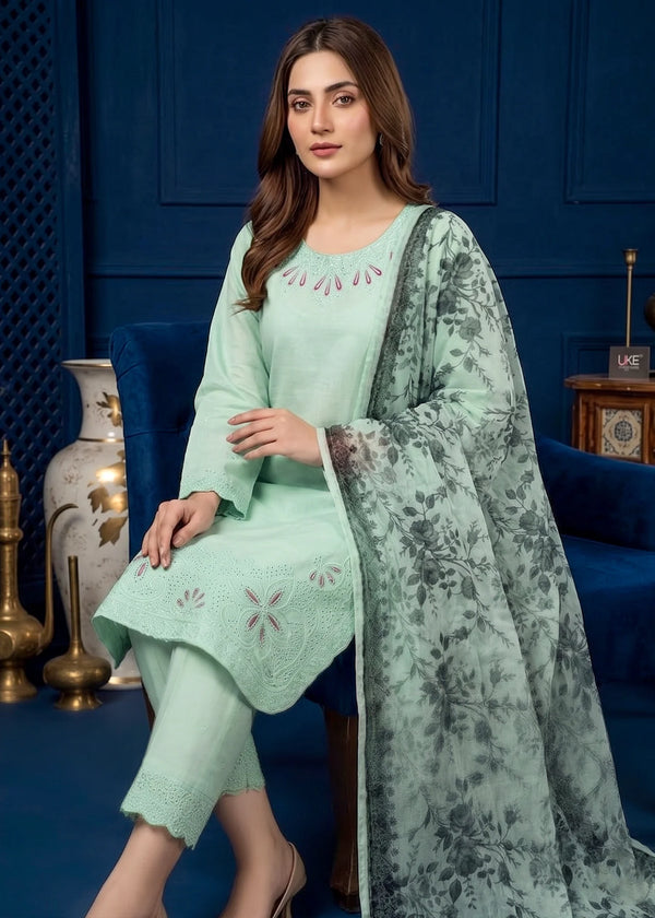 Mint Green Embroidered Lawn Kurta Set with Printed Chiffon Dupatta