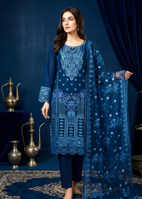 Elegant Teal Embroidered Lawn Kurta Set with Net Dupatta