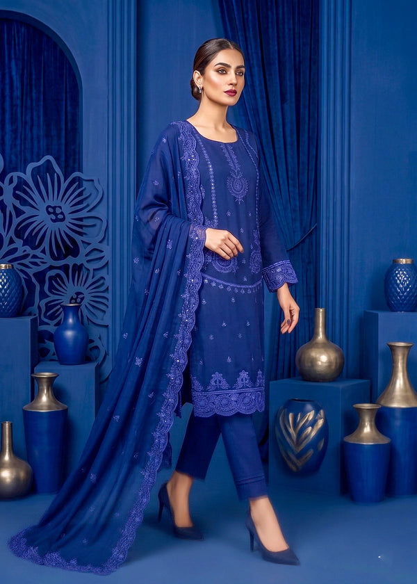Elegant Embroidered Blue lawn Kurta Set with Chiffon Dupatta