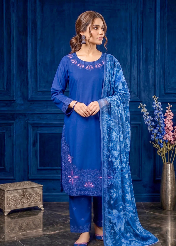 Royal Blue Embroidered Lawn Kurta Set with Printed Net Dupatta