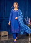 Royal Blue Embroidered Lawn Kurta Set with Printed Net Dupatta