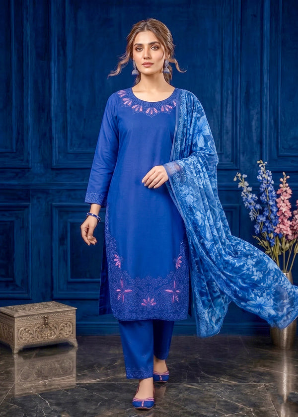 Royal Blue Embroidered Lawn Kurta Set with Printed Net Dupatta
