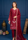 Maroon Embroidered Chiffon Kurta Set with Trousers & Dupatta