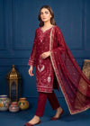 Maroon Embroidered Chiffon Kurta Set with Trousers & Dupatta