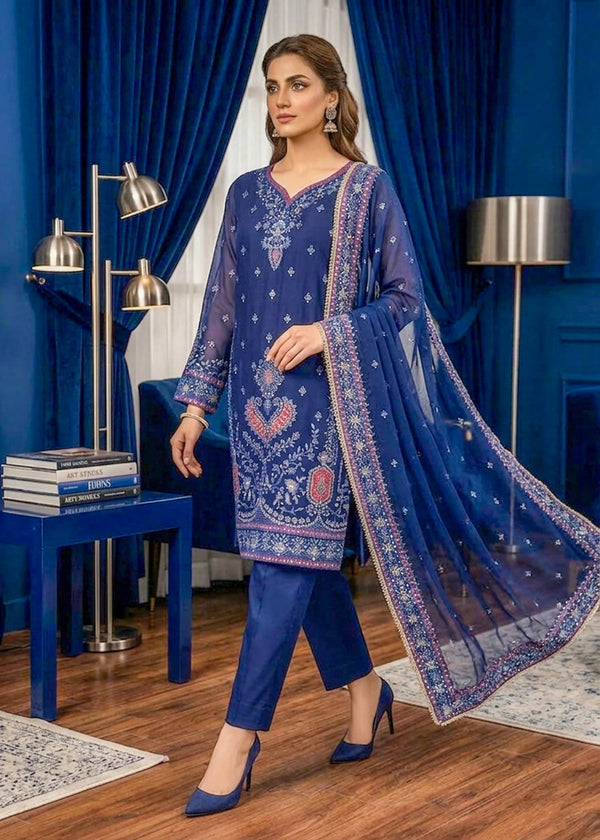 Navy Blue Embroidered Chiffon Kurta Set with Dupatta