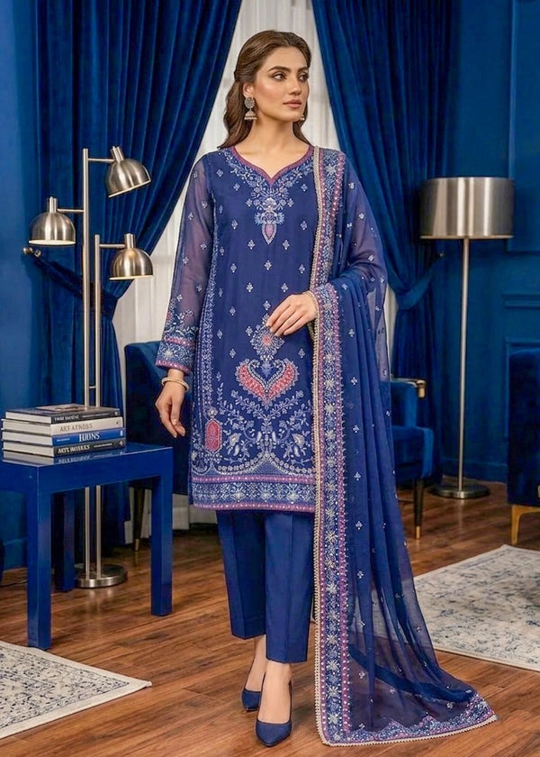 Navy Blue Embroidered Chiffon Kurta Set with Dupatta