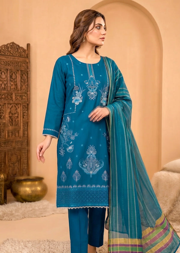 Teal Embroidered Cotton Kurta Set with Striped Dupatta