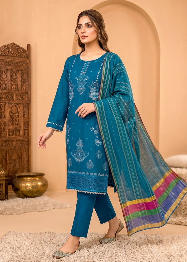 Teal Embroidered Cotton Kurta Set with Striped Dupatta