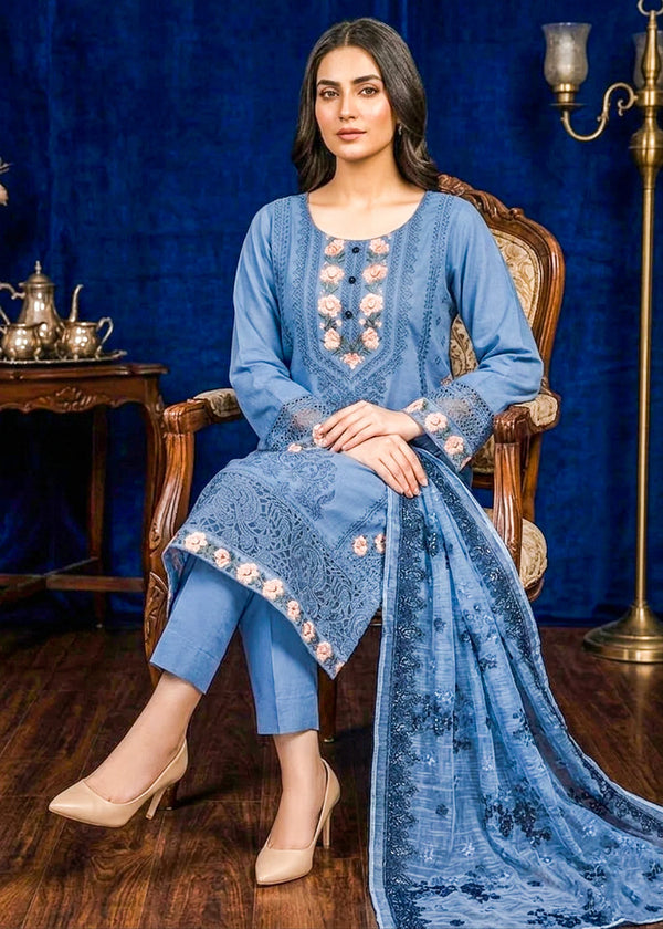 Elegant Blue Embroidered Lawn Kurta Set with Printed Dupatta