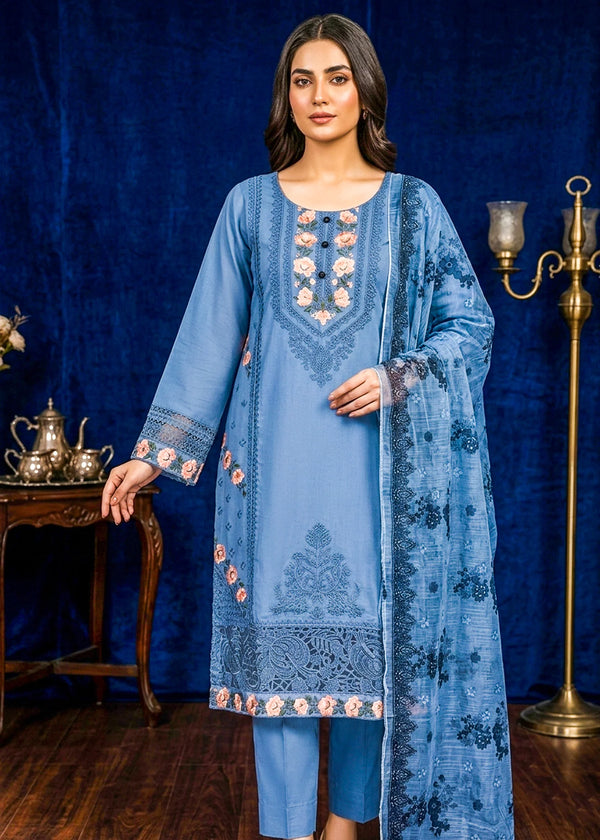 Elegant Blue Embroidered Lawn Kurta Set with Printed Dupatta