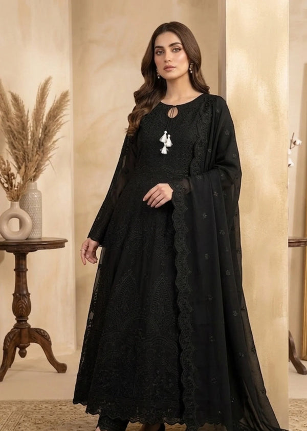 Elegant Black Embroidered Chiffon A-Line Maxi Dress with Dupatta