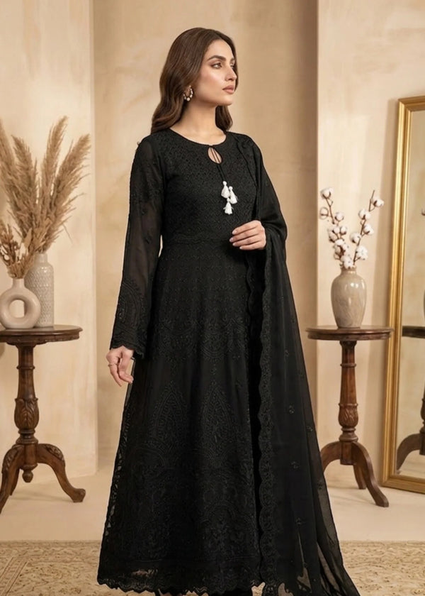 Elegant Black Embroidered Chiffon A-Line Maxi Dress with Dupatta