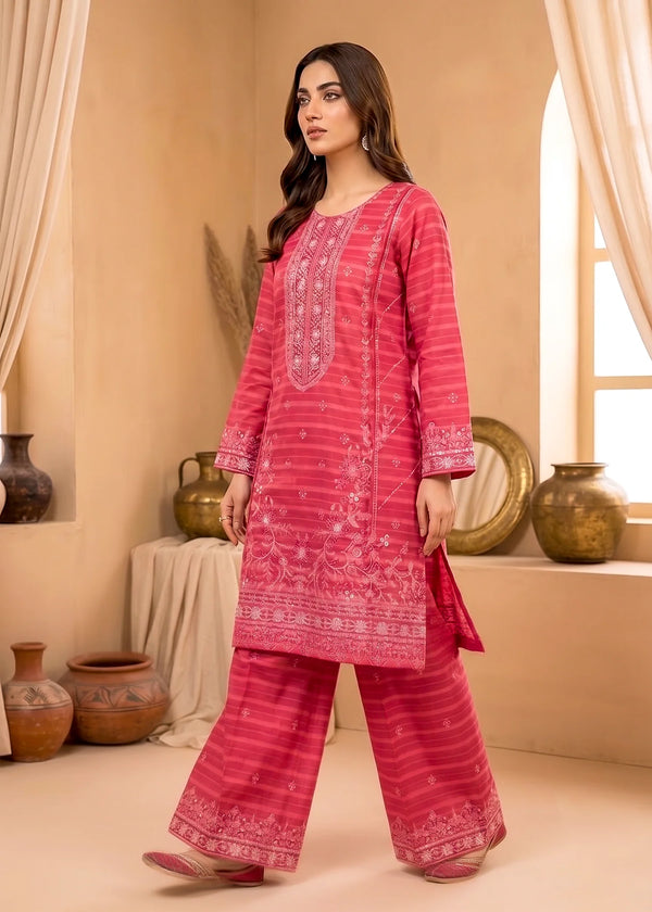Embroidered Hot Pink Cotton Jacquard Kurta Set
