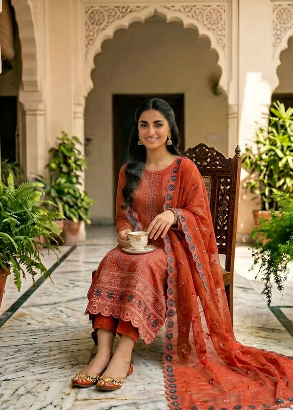 Rust Orange Embroidered Cotton Kurta Set with Chiffon Dupatta