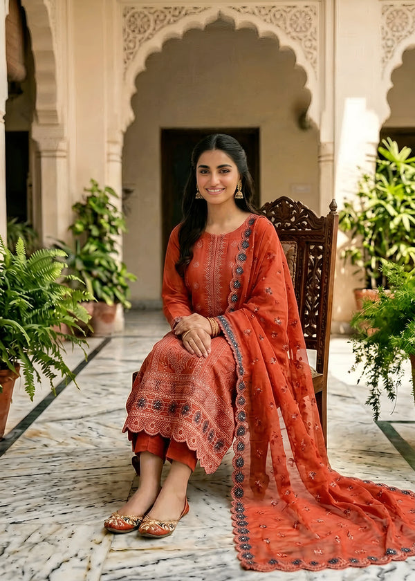 Rust Orange Embroidered Cotton Kurta Set with Chiffon Dupatta