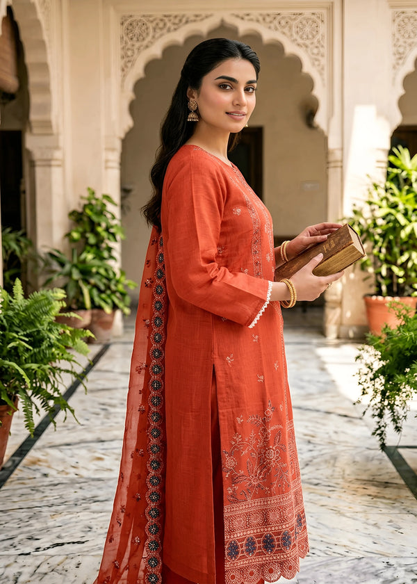 Rust Orange Embroidered Cotton Kurta Set with Chiffon Dupatta