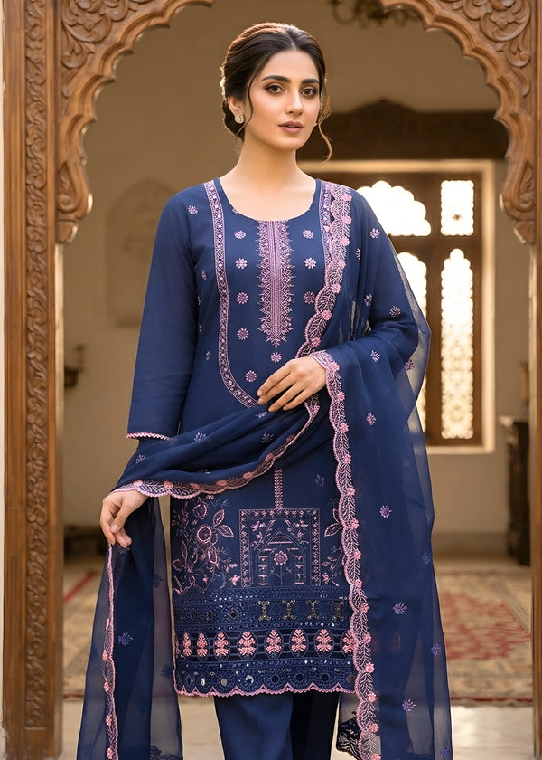 Navy Blue Embroidered Kurta Set with Mirror Work and Chiffon Dupatta