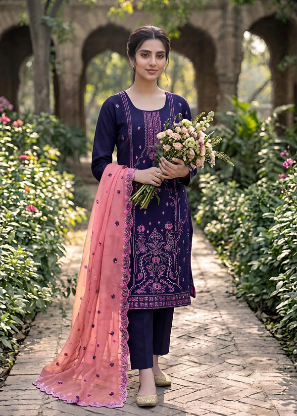 Navy Blue Embroidered Linen Kurta Set with Peach Chiffon Dupatta