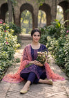 Navy Blue Embroidered Linen Kurta Set with Peach Chiffon Dupatta