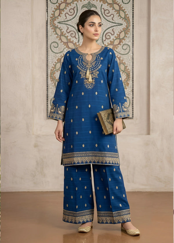 Royal Blue Embroidered Cotton Jacquard Kurta Set