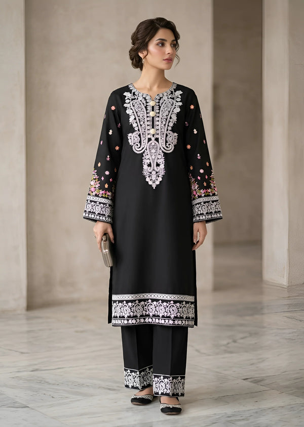 Black Embroidered Cotton Kurta Set with Straight Trousers
