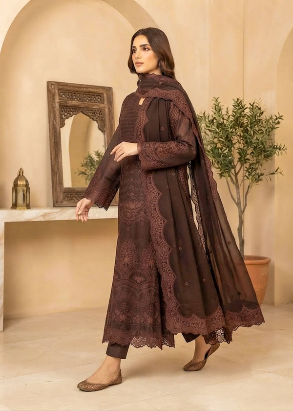 Elegant Dark Brown Embroidered Chiffon Maxi Suit